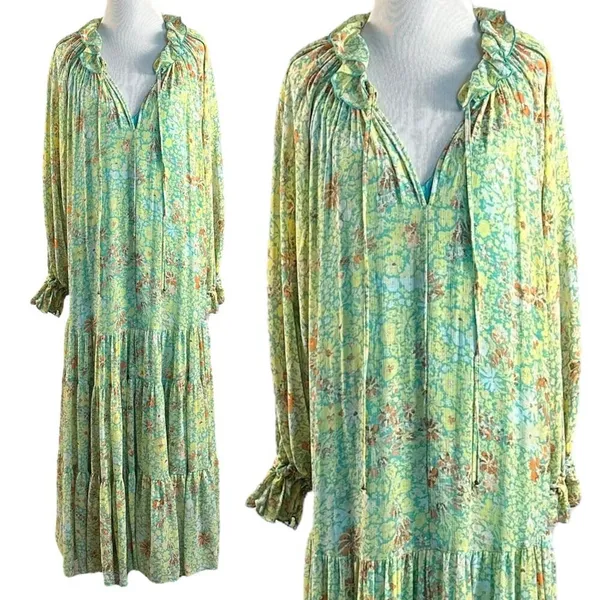 Free People Feeling Groovy Maxi Dress Size Large 70s Chartreuse Floral Bohemian - Image 15