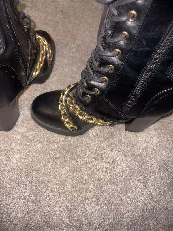 Forever Black Lace-Up Combat Boots with Gold Chain Accent size 7 - Image 8