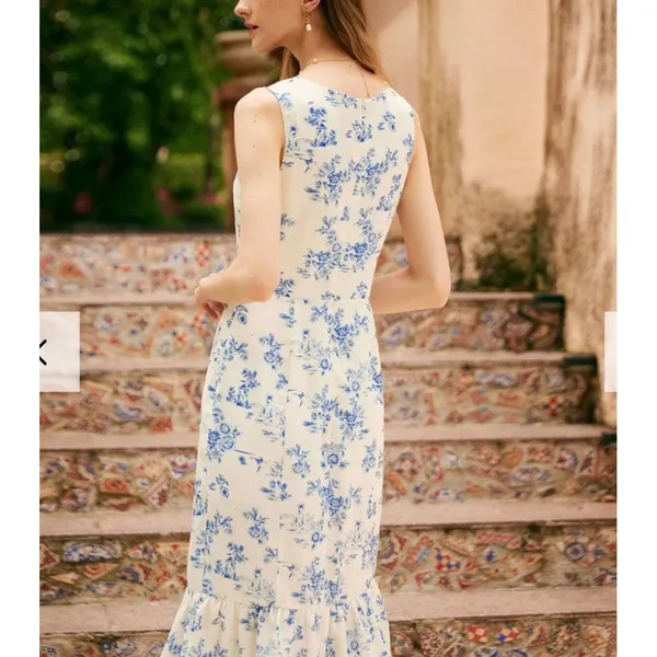 Rihoas Blue White Toile Floral Square Neck Ruffle Hem Midi Dress XS NWT - Image 3