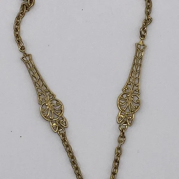 Vintage Victorian Revival filigree 27” necklace. Painted rose on porcelain - Image 4