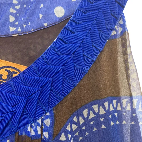 Tory Burch Forisa Silk Dress 4 Blue Brown Geometric Braided Neck Flaw Read - Image 7