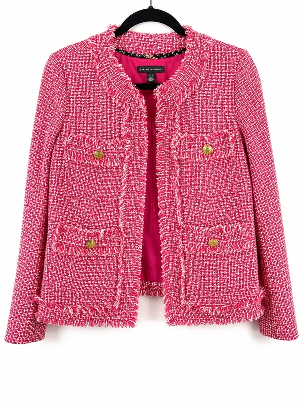 Saks Fifth Avenue Tweed Jacket XS Pink Frayed Trim Open Front Blazer - Image 2