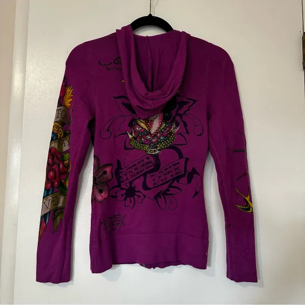 Ed Hardy Y2K Eternal Love Dagger Geisha Zip Front Hooded Cardigan Sweater XS - Image 6
