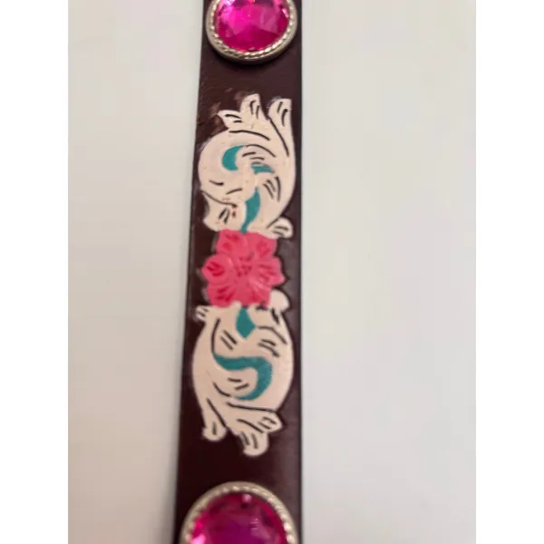 American Bison Large Brown Leather Western Belt Pink Conchos Floral Accent NWT - Image 7