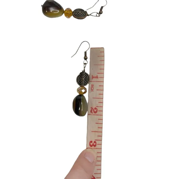 Natural Stone & Antiqued Brass Swirl Amber Faceted Bead Dangle Pierced Earrings - Image 8