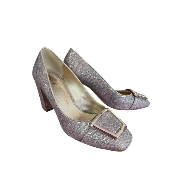 Michael Kors Glitter Block Heel Pumps Gold Silver Sparkle 7.5 - Image 3
