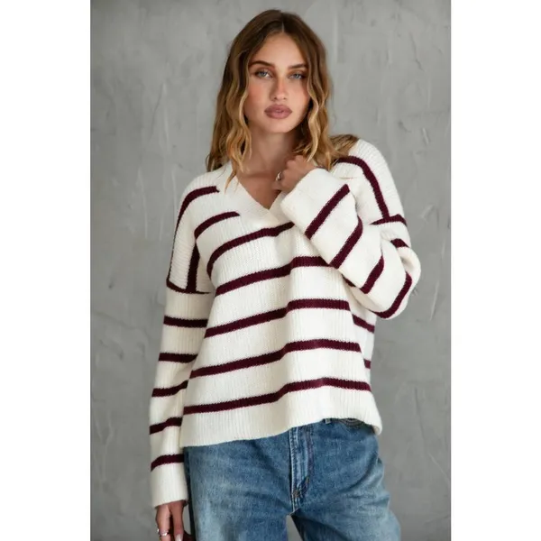Tic Toc Burgundy Stripe Sweater - Image 2