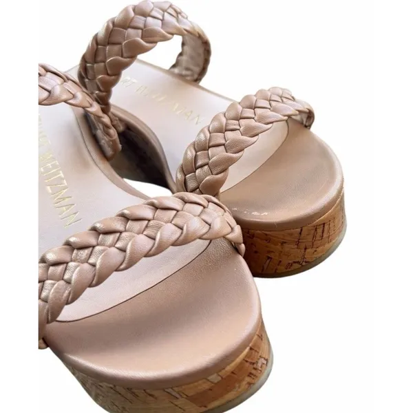 Stuart Weitzman Braided Leather Cork Wedge Sandals Nude Tan Platform W 5 Heel - Image 7