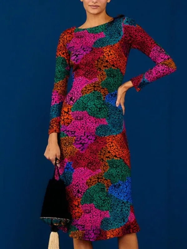 Farm Rio Rainbow Mix Jersey Dress Ribbed Knit Long Sleeve Midi New Size Medium - Image 2