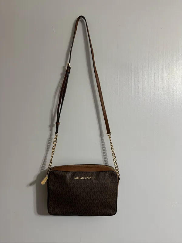 Michael Kors Brown MK Monogram Crossbody with Gold Chain - Image 16