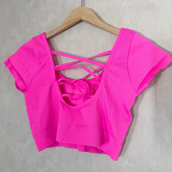 aerie Ribbed Crop Top Shirt Shortsleeve Back Criss Cross Straps in Pink Neon XXL - Image 5