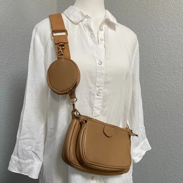 Tan Faux Leather Shoulder Bag Set With Coin Purse Adjustable Strap - Image 2