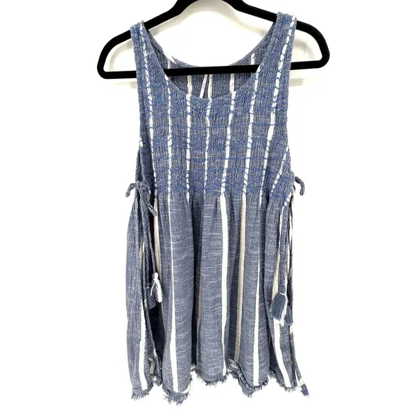 Free People Obi Posey Smocked Tank Top Striped Boho Hippie M Blue White Fringe - Image 4