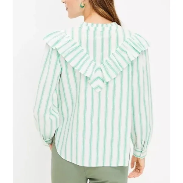 LOFT Green Striped Ruffle Long Sleeve Button Blouse M Cotton Top Peasant Modest - Image 4