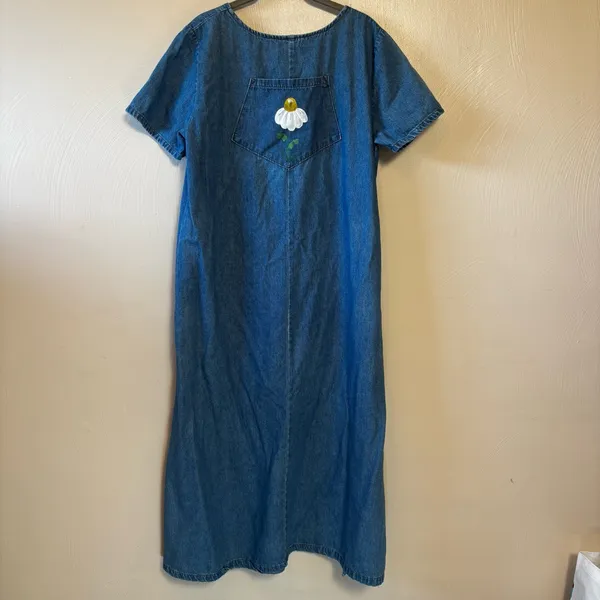 Vintage RAMA of USA‎ Women’s Dress Maxi Denim Boho Daisy Jean 100 % Cotton Large - Image 8