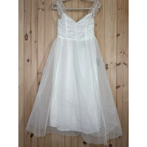 NWT Lulus Forever Celebrated White Swiss Dot Ruched Tulle Midi Dress Size M - Image 2