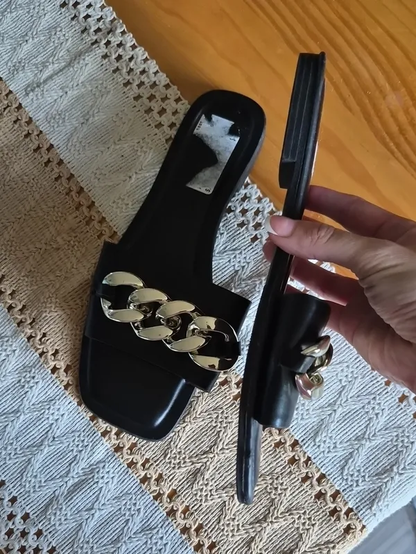 Black Slide Sandals with Gold Chain Accent - Women - Image 5