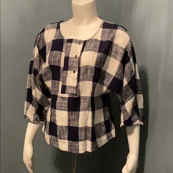 Zara Navy & White Check Linen Blouse size medium - Image 3