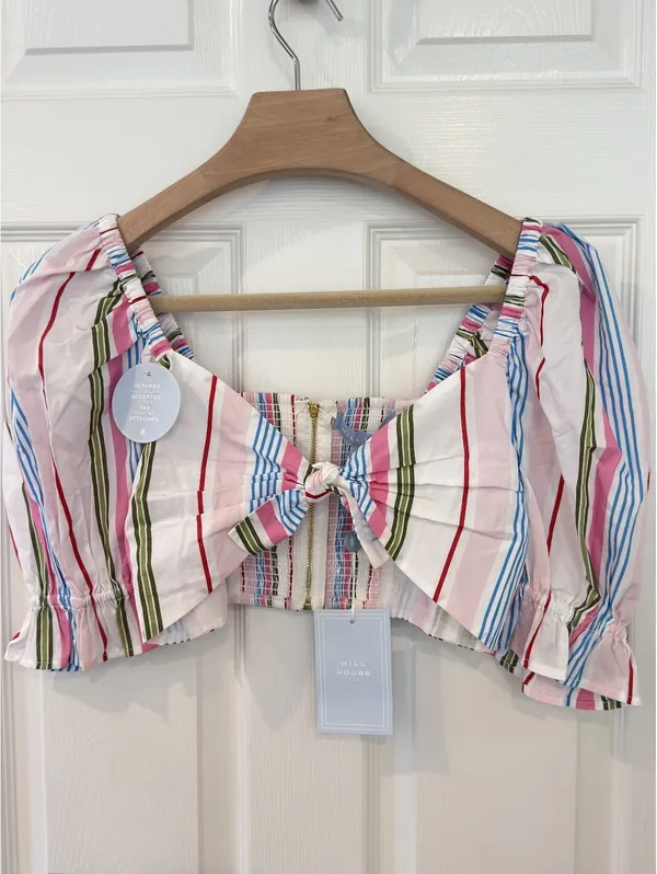 Hill House Home The Isabella Top Rainbow Stripe Puff Sleeve Bow Crop Top NWT S - Image 2