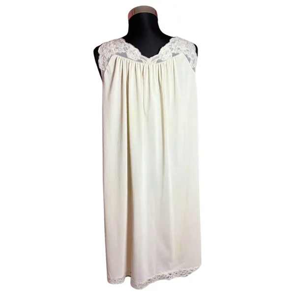 Vintage Shadowline Night Gown Lingerie Slip Dress Lace Detail Cream Size Small - Image 3