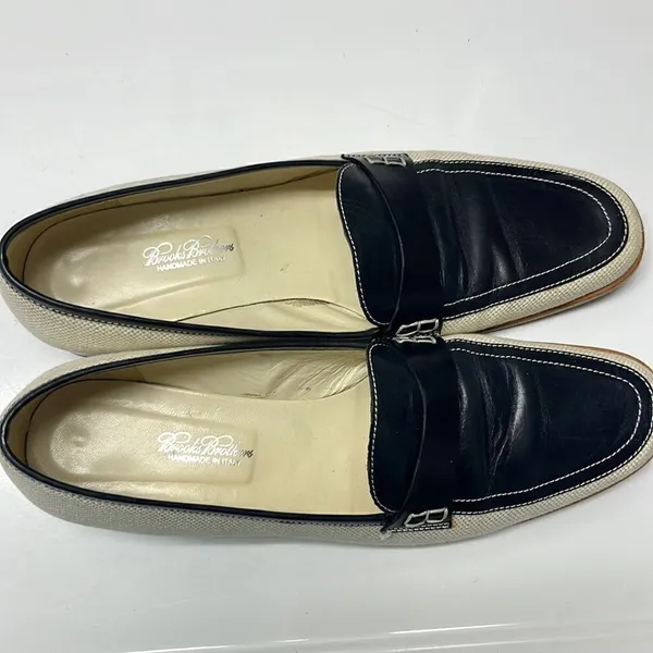 Brooks Brothers Beige Navy Twill and Leather Classic Slip-On Loafers- Size 8 - Image 3