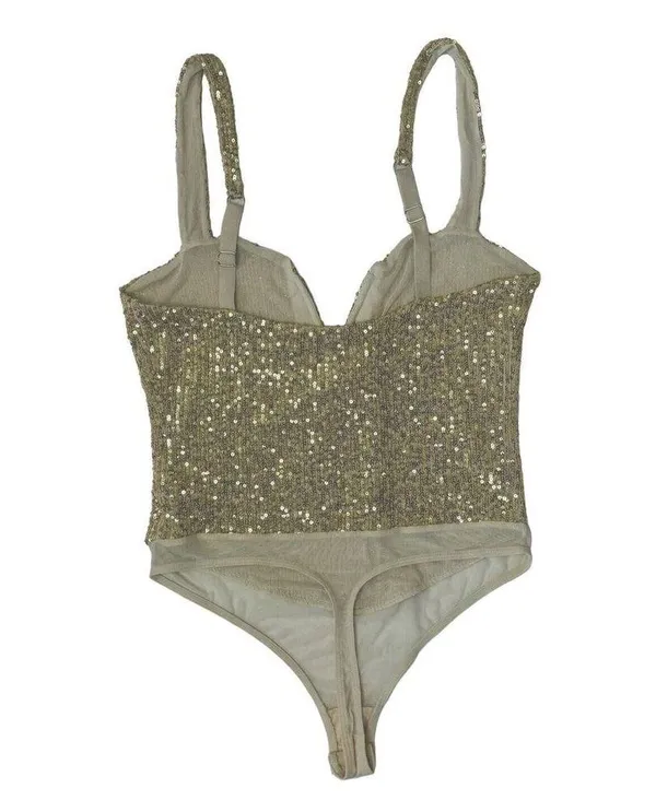 INTIMATELY FREE PEOPLE Sparks Fly Iridescent Gold Shimmery Sequin Bodysuit Sz M - Image 8