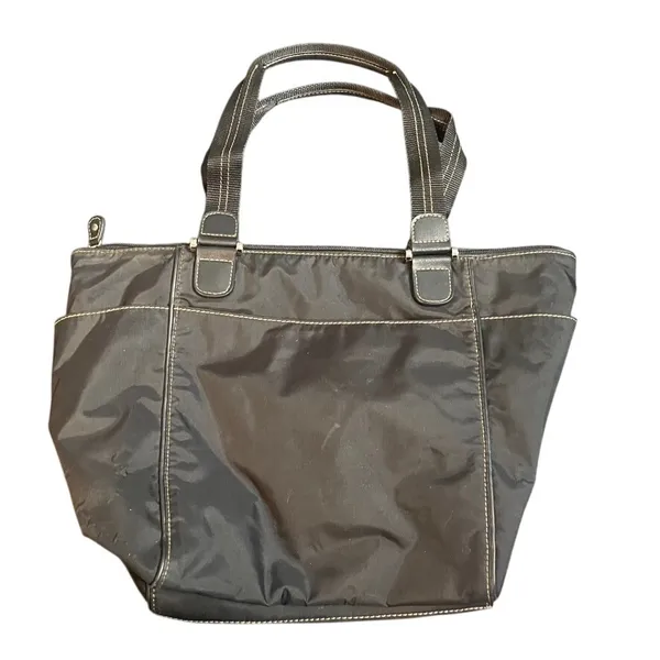 Liz‎ Claiborne Black Nylon Tote Bag Contrast Stitch Shoulder Bag Zipper Pockets - Image 2
