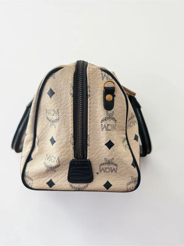 MCM Vintage Visetos Boston Satchel Ivory Black Monogram Top Handle Bag - Image 4