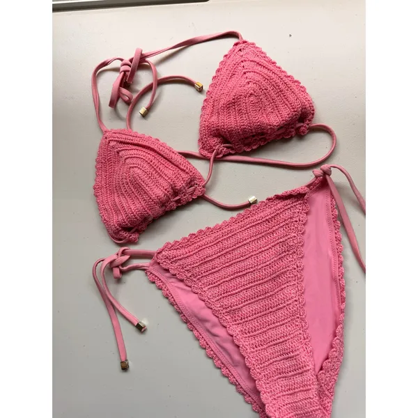 Chelsea & Violet Bikini Set Women S/M Pink Crochet Boho‎ Triangle Side Tie Swim - Image 2