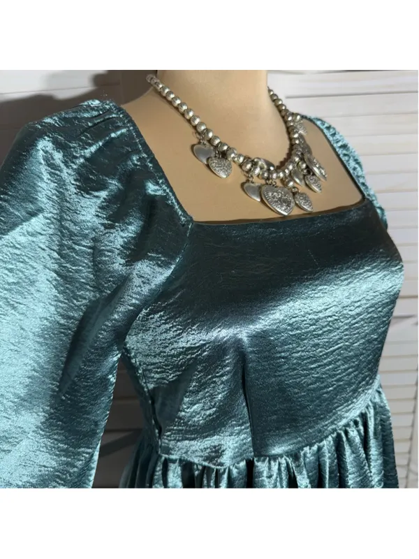 Entro Anthropologie teal satin babydoll mini dress ballooned sleeves Fairy hoco - Image 10