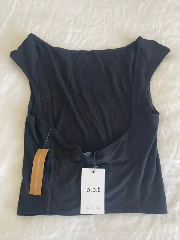 NWT o.p.t Few Moda Black crop backless tank cap sleeve size Small S modal - Image 2