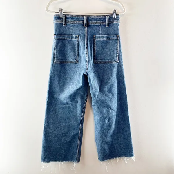 Zara Marine High Rise Frayed Hem Denim Wide Leg Jeans Blue 8 - Image 4