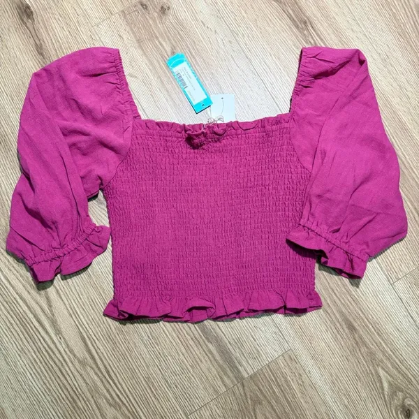 Daisy & Delilah Florence Smocked Crop Top Magenta Pink Linen Blend Puff Sleeve M - Image 2