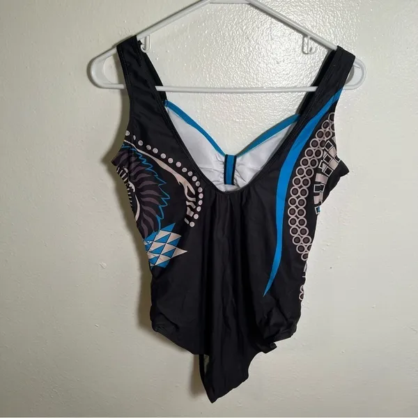 Women's Size Medium‎ One Piece Swimsuit Black Blue Beige Geometric V-Neck - Image 6