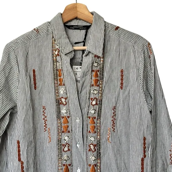 NWT Zara Collection Button down Shirt S Striped Embroidered Embellished cotton - Image 6