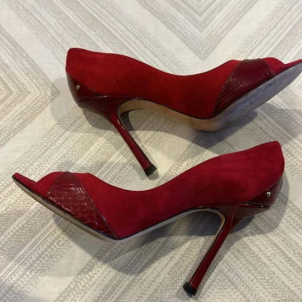 Jimmy Choo Rocky Red Suede Peep-Toe Pumps for Women – Size 37.5 - Image 4