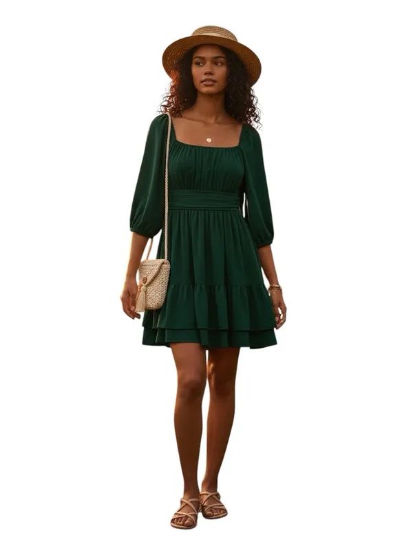 Exlura Green Square Neck Puff Sleeve High Low Mini Dress XL Cottagecore Boho - Image 3