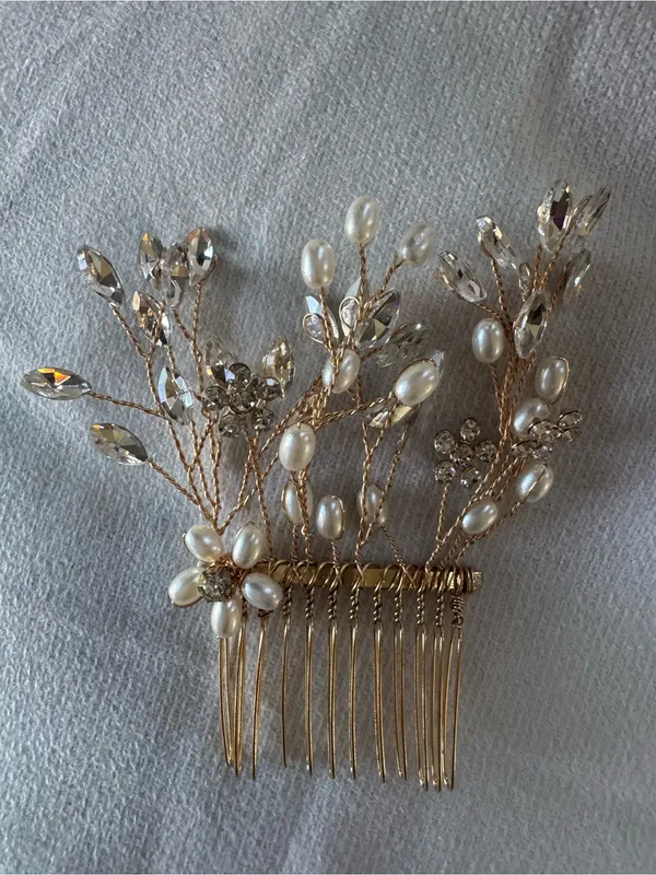 Gold Bridal Hair Comb with White Pearls and Clear Crystals - Image 3