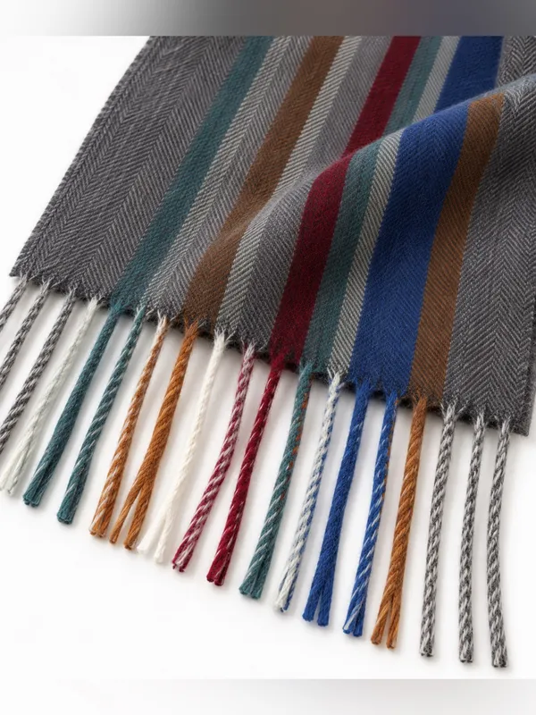 100% Wool Scarf Gray Multicolor Striped Fringe Soft Winter Unisex 61” - Image 3