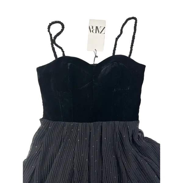Zara - Velvet Corset Top Pleated Mini Dress in Black - Image 2