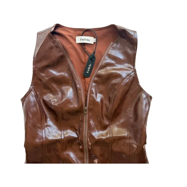 Chocolate Brown Eco Leather Zip-Front Mini Dress NEW Utility Pockets Size Small - Image 3