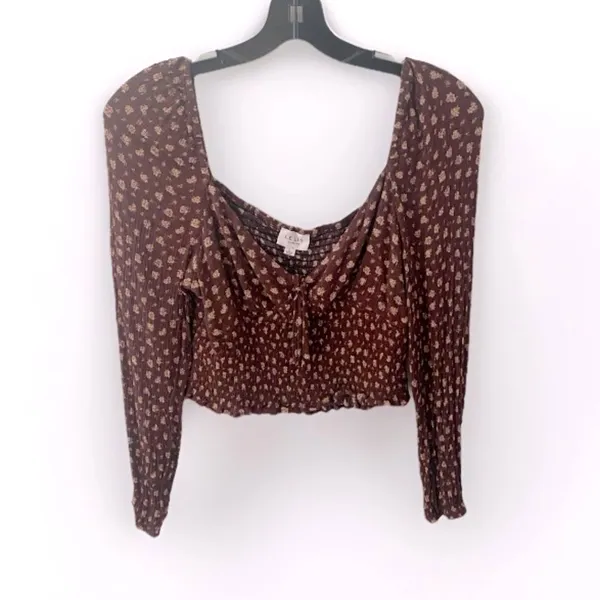 LE LIS Peasant Top Blouse Size L Brown Dark Floral Crop Boho Cottage Milkmaid - Image 2