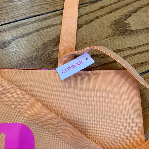 Macys Clinique Large Shopping Shoulder Travel Orange Tote Bag With Pink C Logo - Image 4