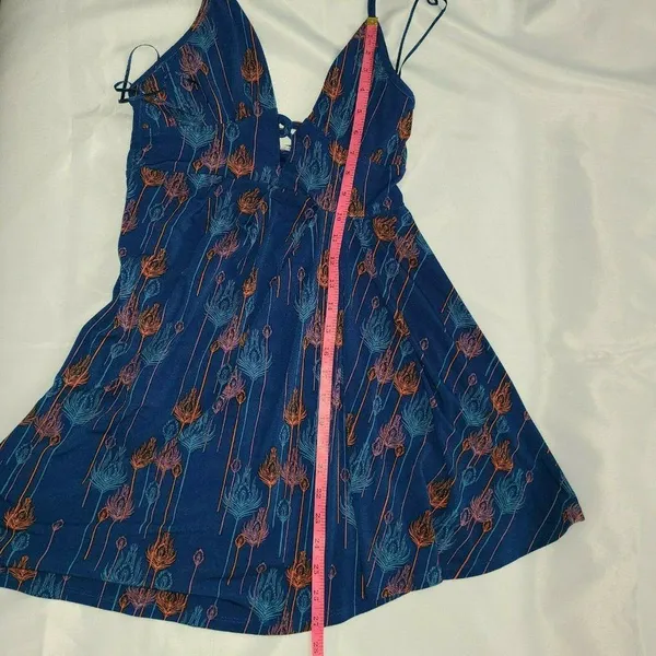 Free People Blue Peacock feather print Lined Halter Dress Boho Extra Small‎ XS - Image 11
