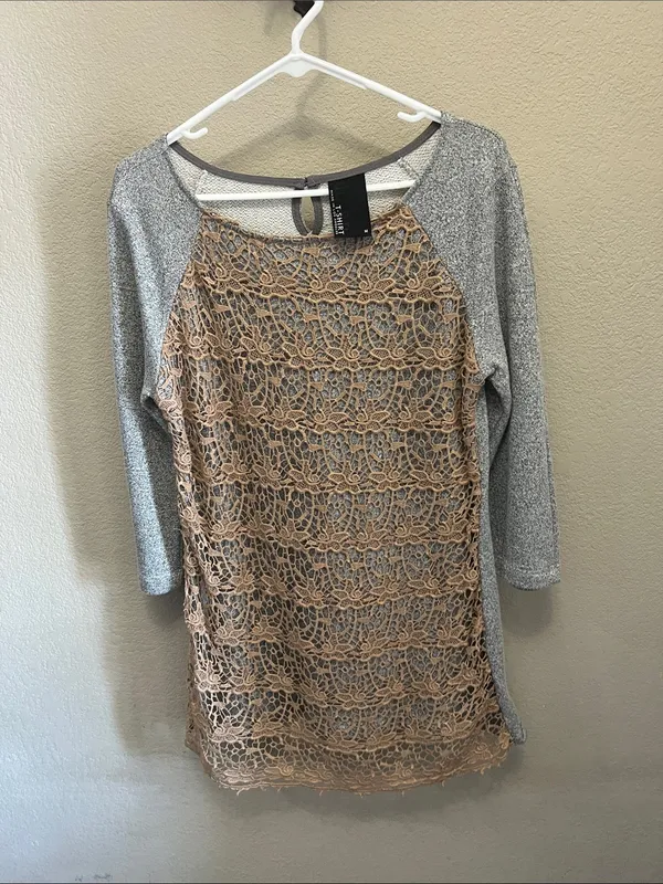 dolan Beige Crochet-Front Long Sleeve Dress with Gray Raglan Sleeves - Image 5