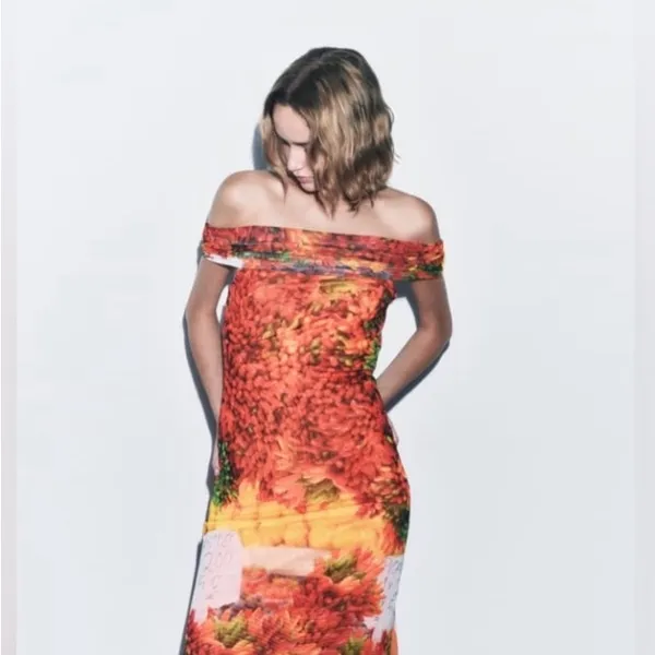 NWOT Zara Picante‎ All Over Print Over The Shoulder Tulle Maxi Dress Sz Medium - Image 4