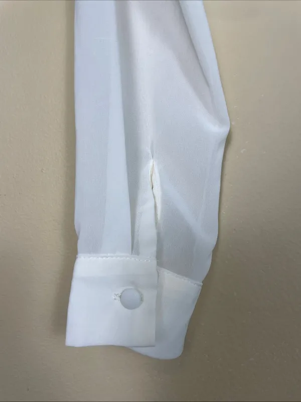 Superdown Women’s Sheer Cropped White V-Neck Chic Office Button-Up Blouse - Image 4