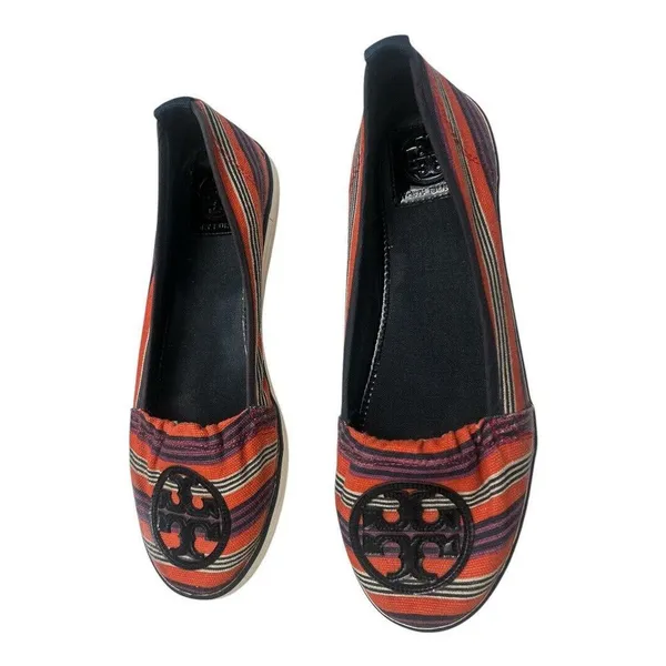 Tory Burch Striped Canvas‎ Flats Slip-on, Logo Womens 8M - Image 2