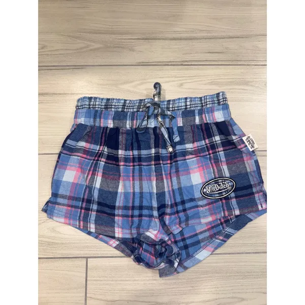 Von Dutch Pajama Set White Pink Ringer Crop Top Blue Plaid Shorts Small NWT - Image 2