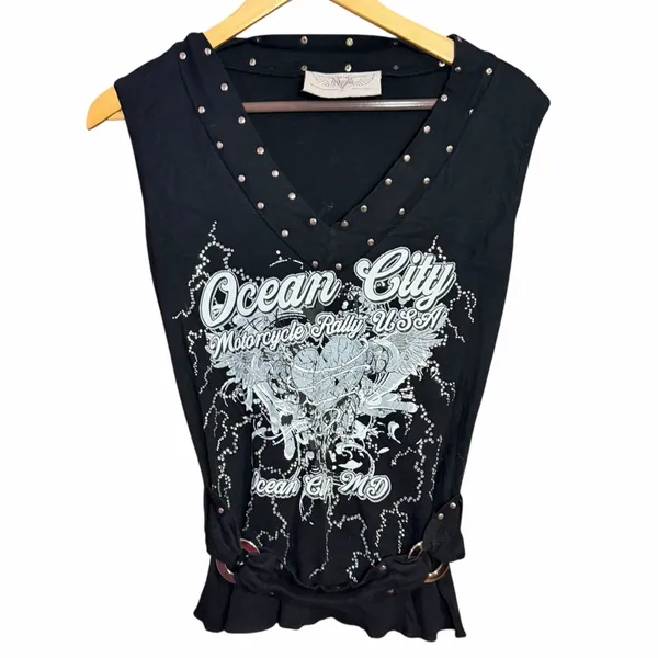 Y2K Studded Biker Graphic Tank Ocean City Motorcycle Rally Top Medium Bikercore - Image 2